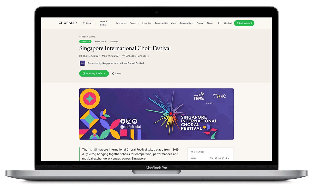 Singapore International Choral Festival 2027 event listing on CHORALLY, showing dates, organiser and booking link.