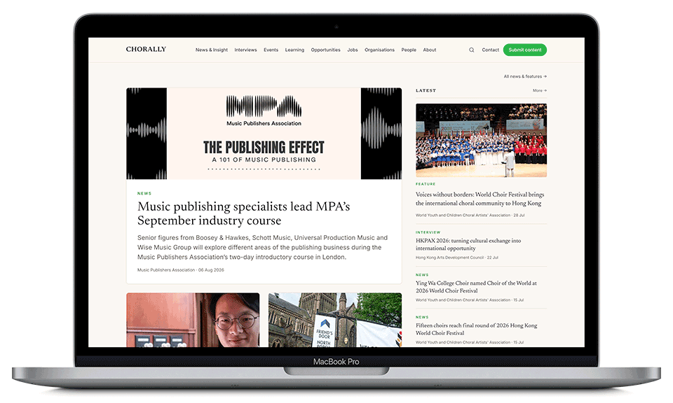 The CHORALLY homepage, showing the lead news feature and the latest choral stories.