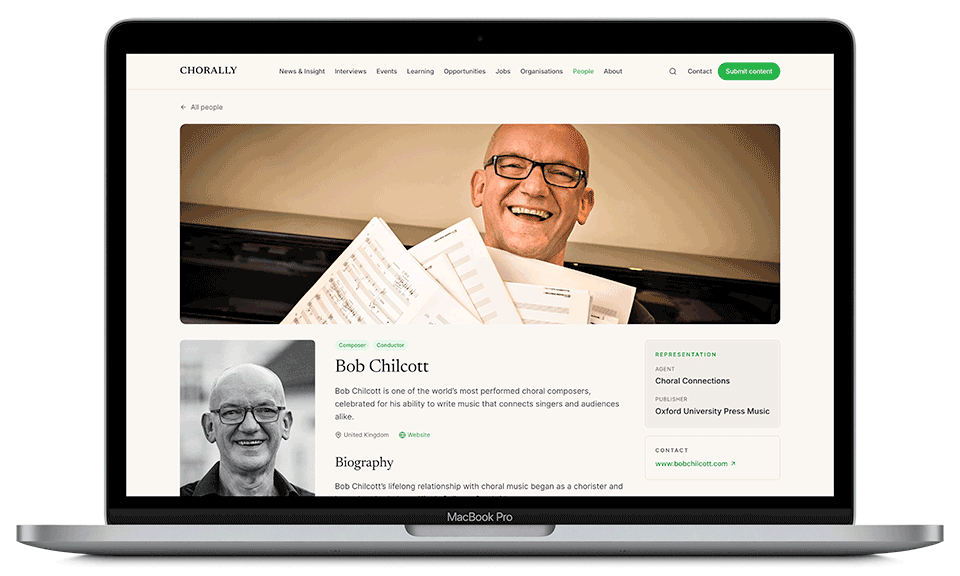 Bob Chilcott composer LivePage on CHORALLY displayed on a laptop, showing the composer's banner image, biography and representation details.