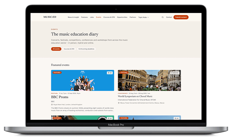 MUSIC:ED events directory displayed on a laptop, showing the music education diary with featured event listings.