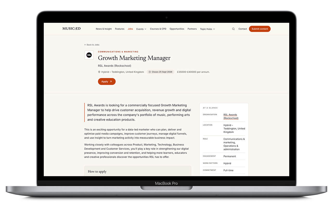 Growth Marketing Manager job listing from RSL Awards displayed on MUSIC:ED Jobs, with location, closing date and salary details.
