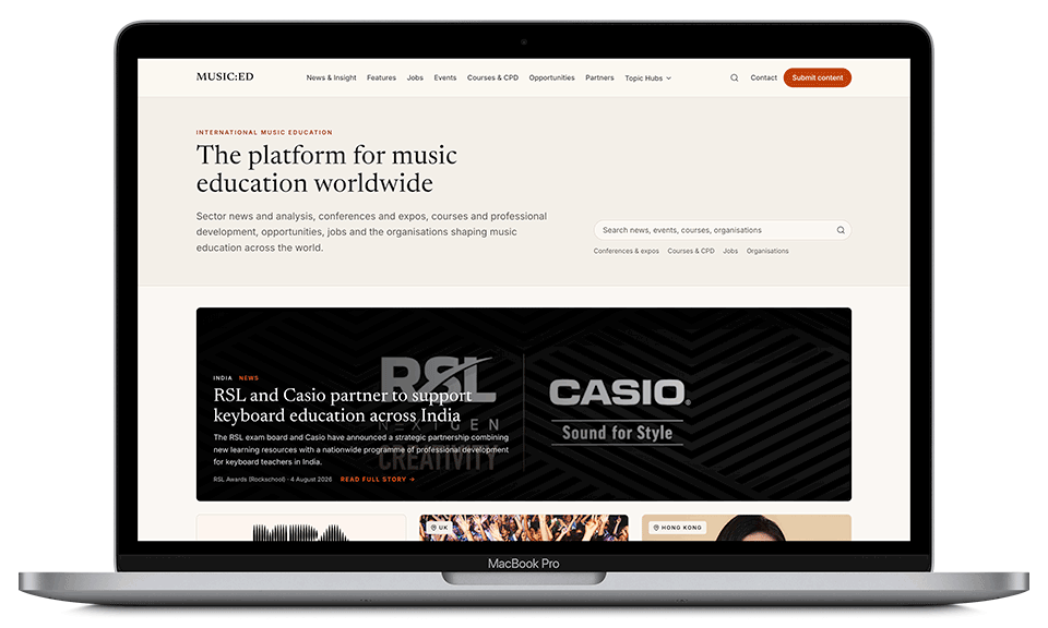 The MUSIC:ED homepage, showing the platform introduction and the latest sector news.