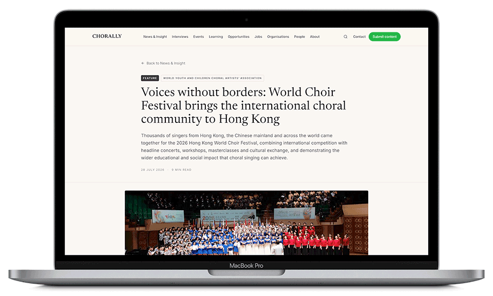 CHORALLY editorial article displayed on a laptop, showing a feature on the Hong Kong World Choir Festival.